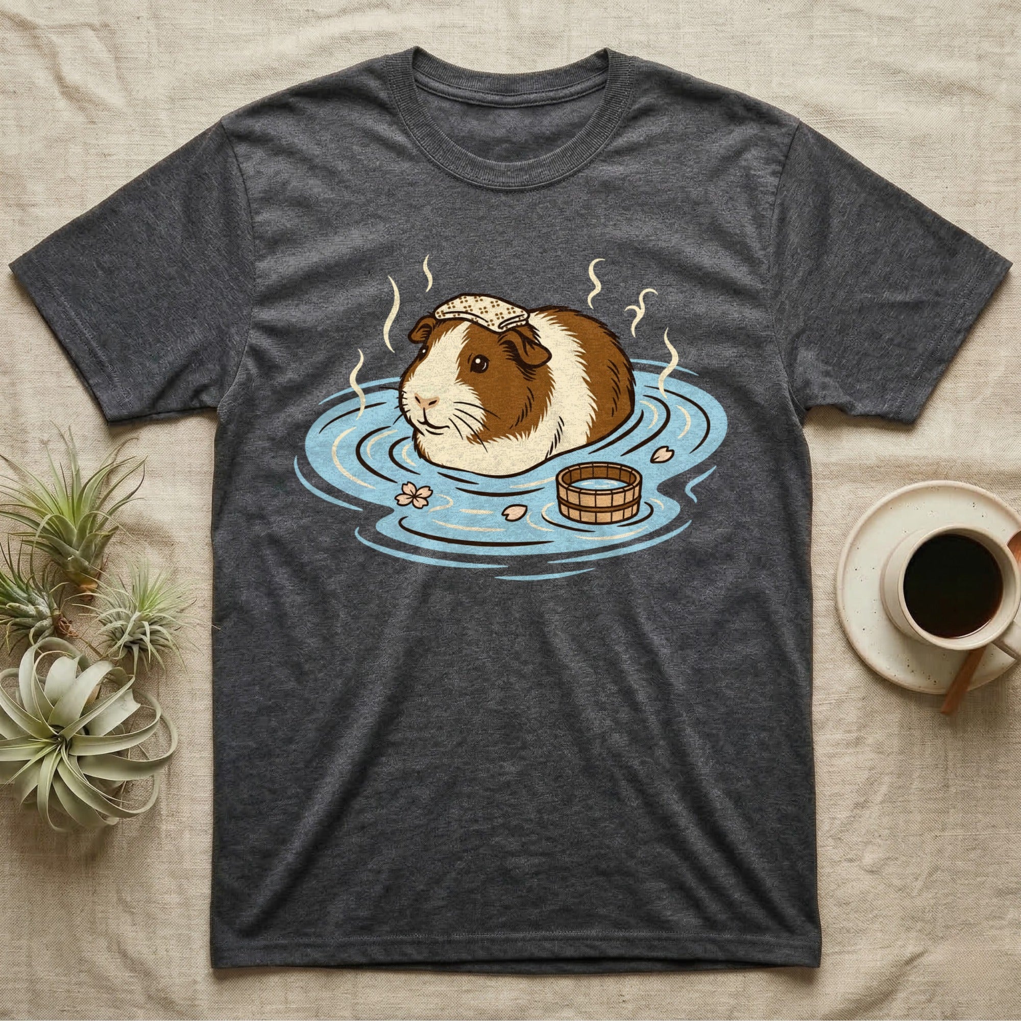 Guinea pig relaxing in a steaming hot spring, wearing a towel.