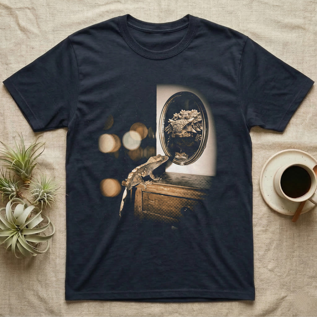 Crested Gecko Dinosaur Mirror T-Shirt in Navy — Crested gecko on a nightstand looking into an oval mirror that reflects a large armoured dinosaur.