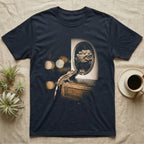 Crested Gecko Dinosaur Mirror T-Shirt in Navy — Crested gecko on a nightstand looking into an oval mirror that reflects a large armoured dinosaur.