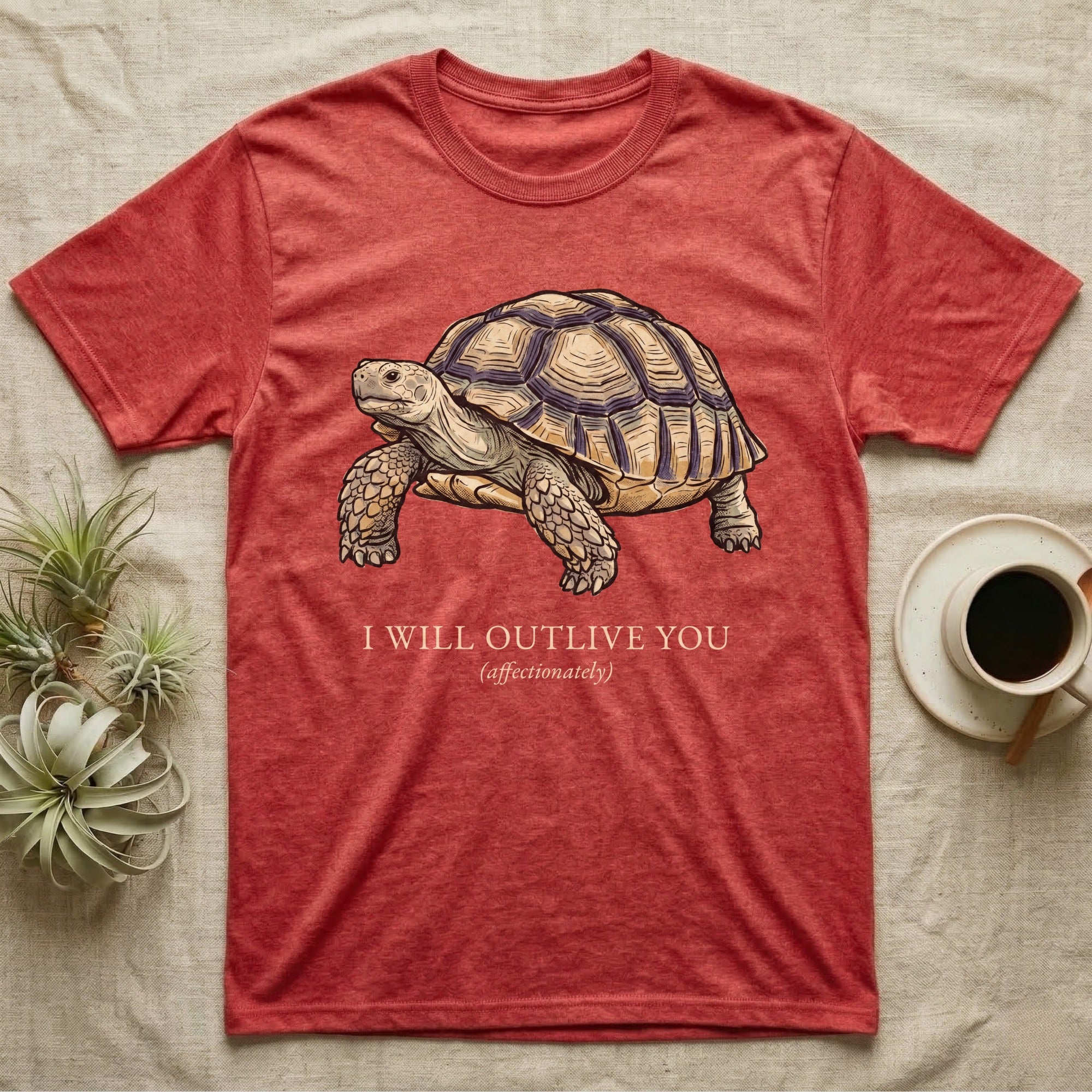 Sulcata Outlive You T-Shirt in Heather Red — Ukiyo-e woodblock illustration of a sulcata tortoise in profile with a deadpan serif caption about outliving you.