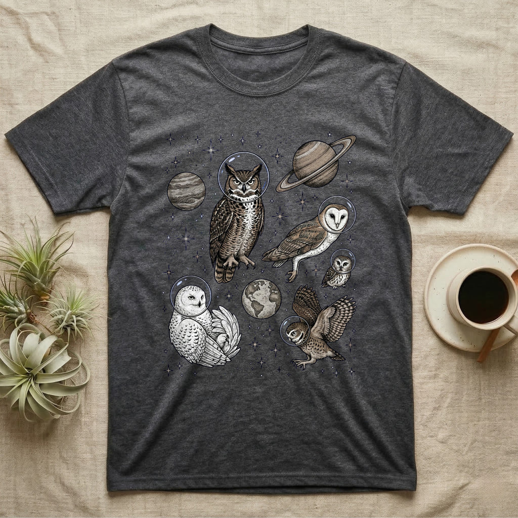 T-shirt with owls in space wearing astronaut helmets and planets.