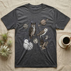 T-shirt with owls in space wearing astronaut helmets and planets.
