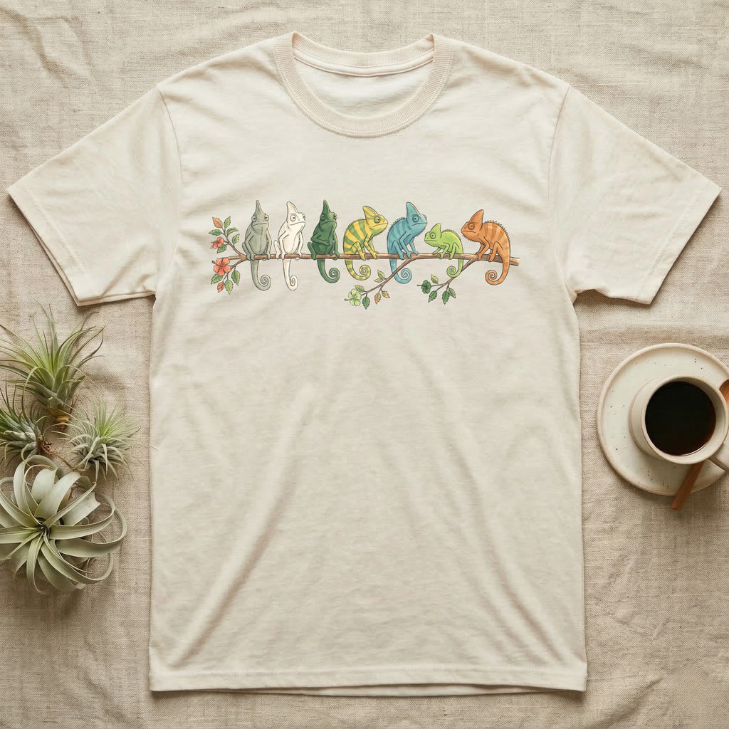 Veiled Chameleon Canopy Crew T-Shirt in Natural — Watercolor illustration of seven veiled chameleons in different colour phases on a ficus branch, dark grey T-shirt design.