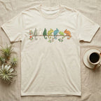 Veiled Chameleon Canopy Crew T-Shirt in Natural — Watercolor illustration of seven veiled chameleons in different colour phases on a ficus branch, dark grey T-shirt design.