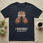 Deadpan mugshot of a rust-brown ackie monitor on black, captioned I redecorate, you'll get used to it. — shown on a Navy tee.