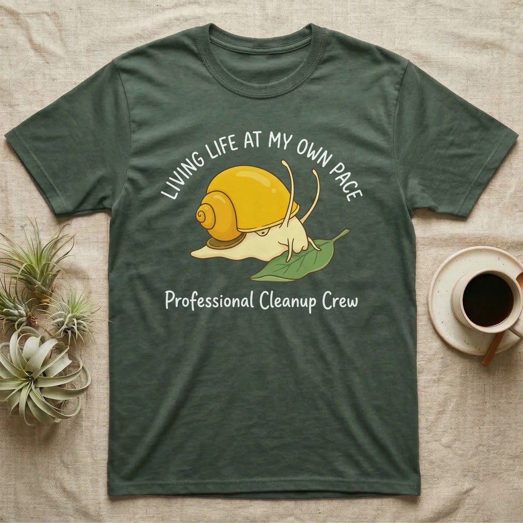 T-shirt with snail cartoon and text "Living Life At My Own Pace Professional Cleanup Crew".