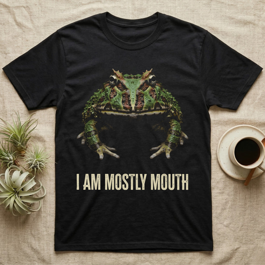 Photographic mugshot of a Pacman frog with a mouth spanning its head above the hook I Am Mostly Mouth. — shown on a Black tee.