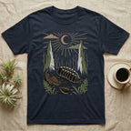 Cubaris Isopod Home Range T-Shirt in Navy — Woodcut-style illustration of a Cubaris isopod walking across leaf litter with cypress knees and saplings behind, no on-shirt text.