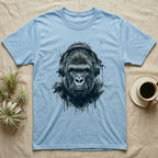 T-shirt with gorilla wearing headphones, artistically rendered with ink splatters.
