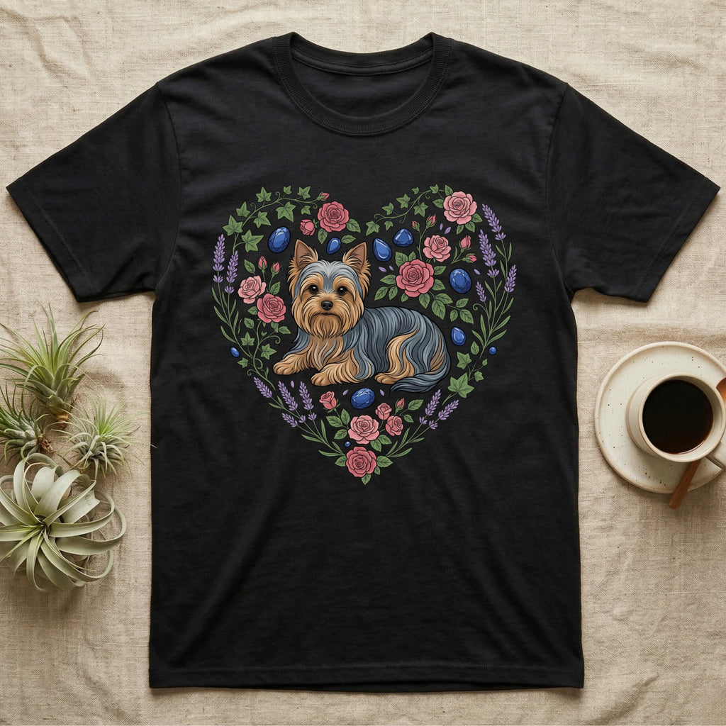 Black t-shirt with a Yorkshire Terrier inside a floral heart design.