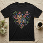 Black t-shirt with a Yorkshire Terrier inside a floral heart design.