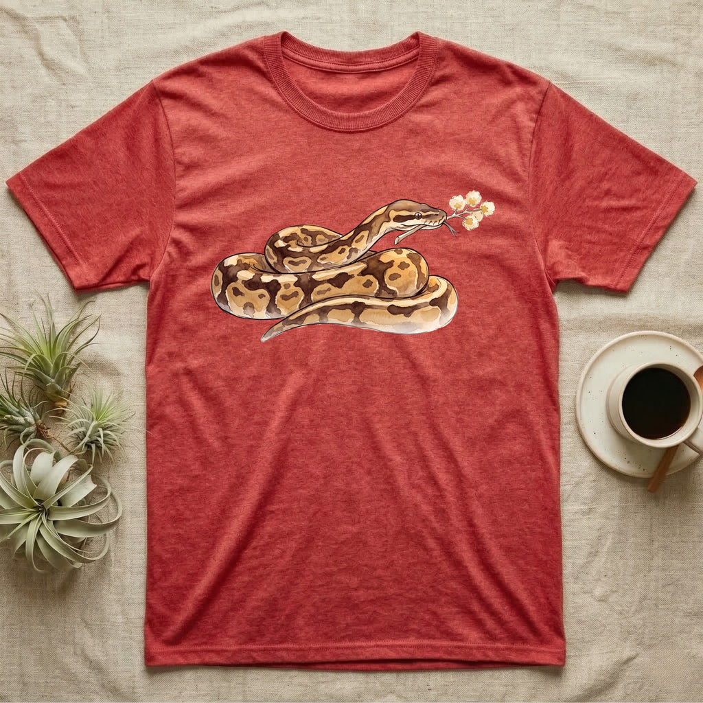 Ball Python Blossom T-Shirt in Heather Red — Watercolor illustration of a tan-and-brown ball python holding an acacia blossom sprig, on a dark grey t-shirt.