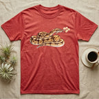 Ball Python Blossom T-Shirt in Heather Red — Watercolor illustration of a tan-and-brown ball python holding an acacia blossom sprig, on a dark grey t-shirt.