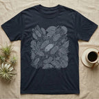Isopod Colony Pointillism T-Shirt in Navy — White pointillism colony of isopods on bark with one solid albino isopod standing out at the center.