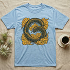 Light blue t-shirt with a stylized dark insect and clouds design.