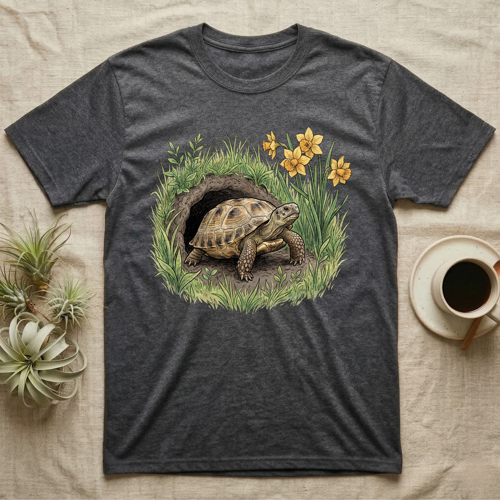 Russian Tortoise Spring T-Shirt in Dark Heather — Botanical illustration of a Russian tortoise stepping into spring grass framed by daffodils and early shoots.