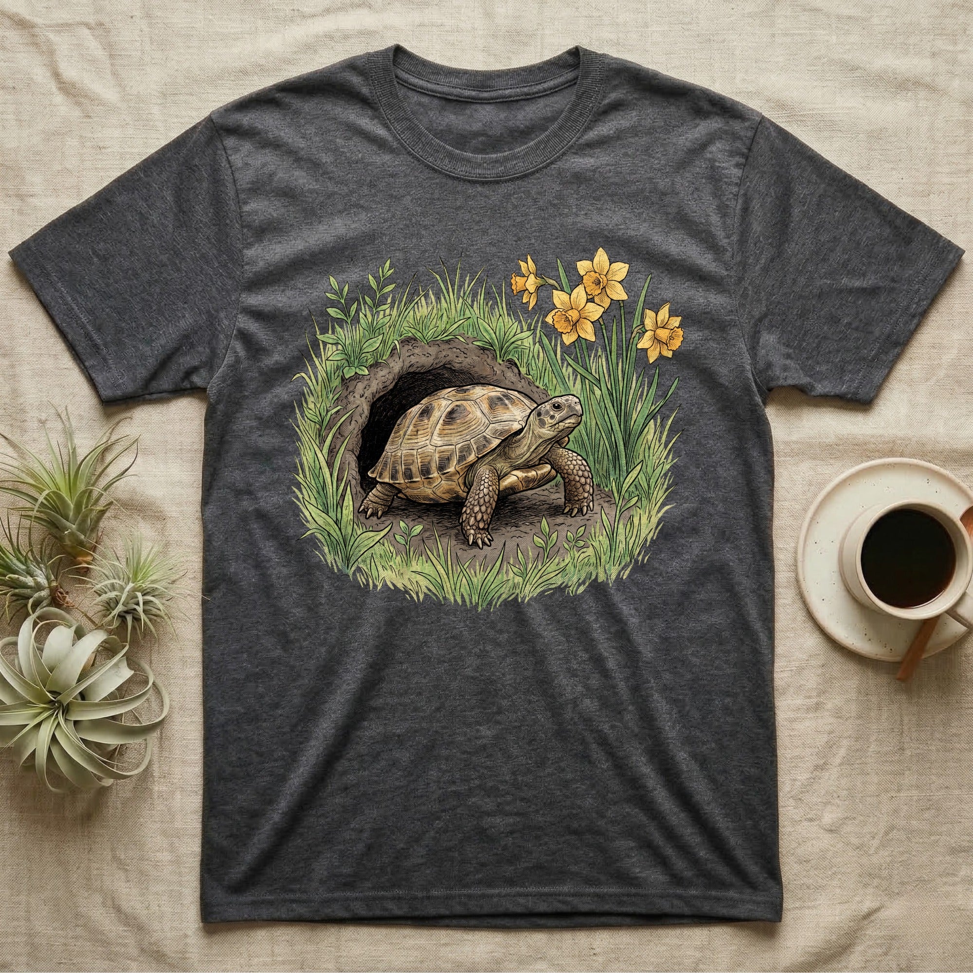 Russian Tortoise Spring T-Shirt in Dark Heather — Botanical illustration of a Russian tortoise stepping into spring grass framed by daffodils and early shoots.