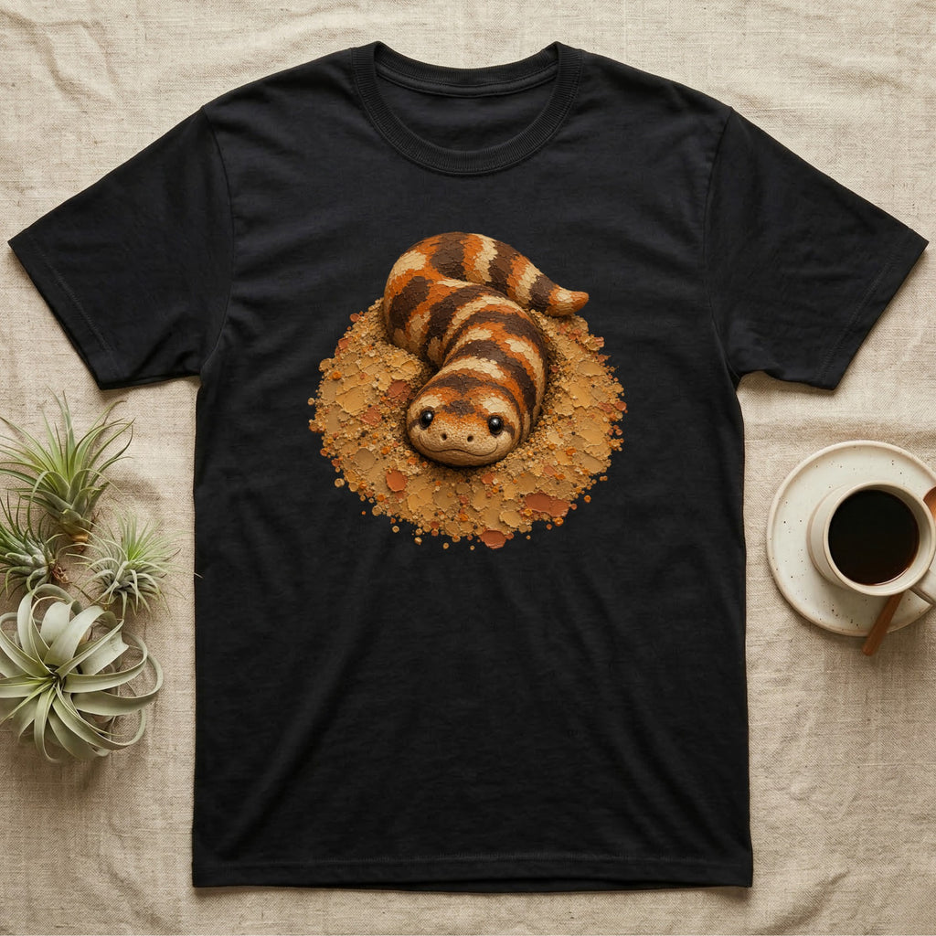 Black t-shirt with illustration of a cute, striped desert snake in a sandy nest.