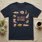 Axolotl All Gills No Plans T-Shirt in Navy — Cartoon sticker collection of six leucistic axolotls resting among a mug, socks, a blanket and a book, under the words ALL GILLS NO PLANS.