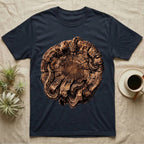 Ball Python Stump Coil T-Shirt in Navy — Pyrography-style illustration of a ball python threaded through the charred radial cracks of a cross-section log, no on-shirt text.