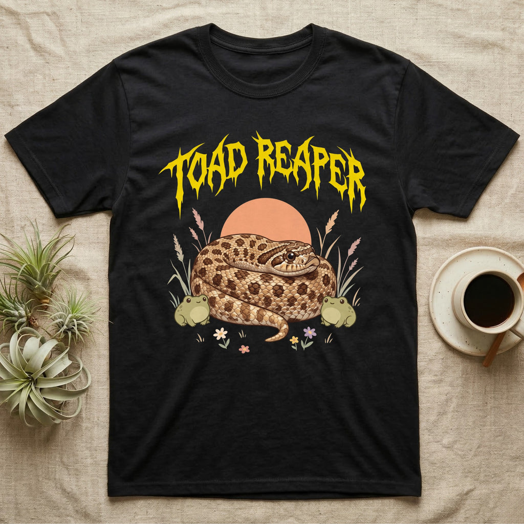 Hognose Toad Reaper T-Shirt in Black — Realistic western hognose coiled in a loaf between two cartoon toads under jagged yellow lettering: TOAD REAPER