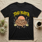 Hognose Toad Reaper T-Shirt in Black — Realistic western hognose coiled in a loaf between two cartoon toads under jagged yellow lettering: TOAD REAPER
