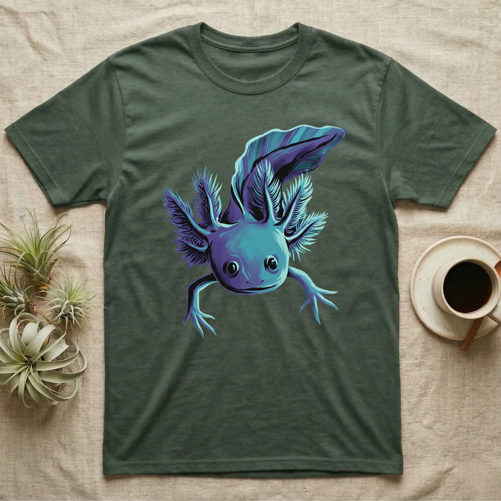 Neon cyan and purple illustration of a floating axolotl with spread gill plumes in a glowing bioluminescent style, no on-shirt text. — shown on a Military Green tee.