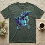 Neon cyan and purple illustration of a floating axolotl with spread gill plumes in a glowing bioluminescent style, no on-shirt text. — shown on a Military Green tee.