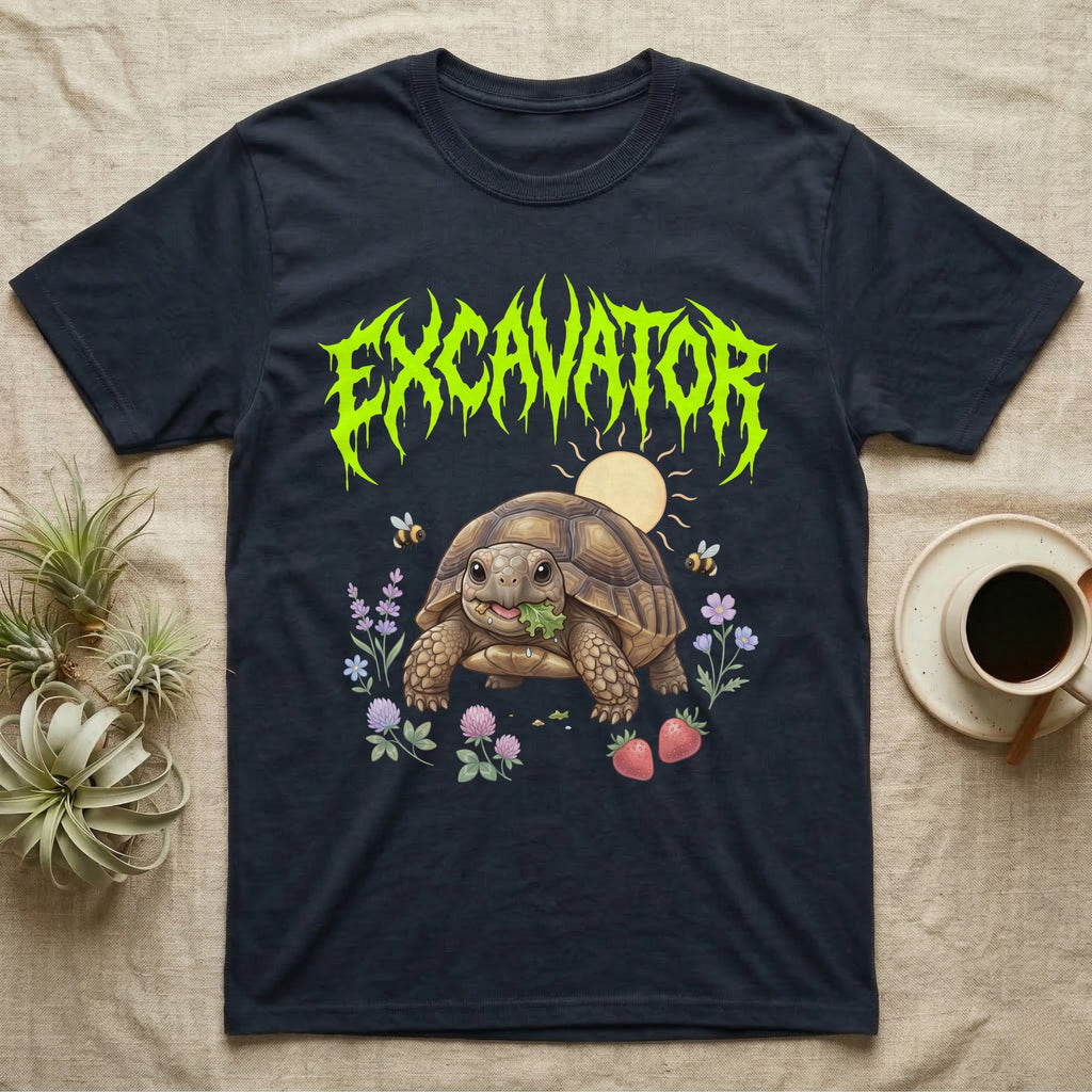 Russian Tortoise Feral T-Shirt in Navy — Chubby Russian tortoise munching a green in a pastel meadow under a spiky lime metal wordmark reading EXCAVATOR.