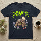 Russian Tortoise Feral T-Shirt in Navy — Chubby Russian tortoise munching a green in a pastel meadow under a spiky lime metal wordmark reading EXCAVATOR.