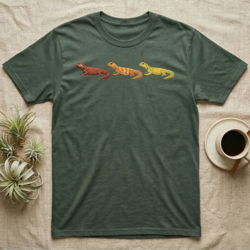 Uromastyx Colour Morph Trio T-Shirt in Military Green — Three uromastyx lizards in a row, painted in thick raised relief — brick red, tangerine orange and lemon yellow morphs.