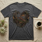 Dark grey t-shirt with heart-shaped forest graphic featuring a cockroach.