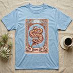 Hognose Snake Drama Queen T-Shirt in Light Blue — Ornate tarot card of a western hognose snake playing dead, banner reading "The Drama Queen."