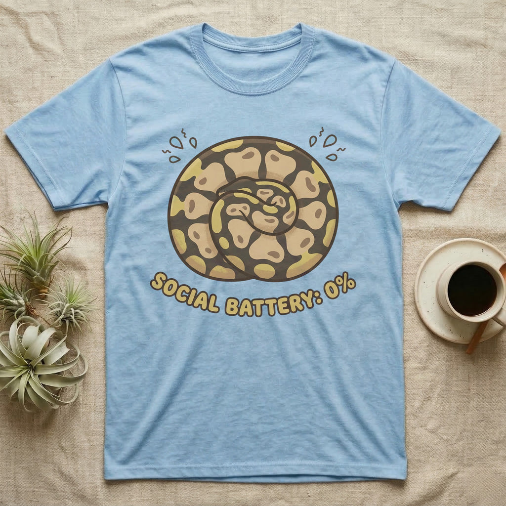 Light blue t-shirt with coiled snake design and "Social Battery: 0%" text.