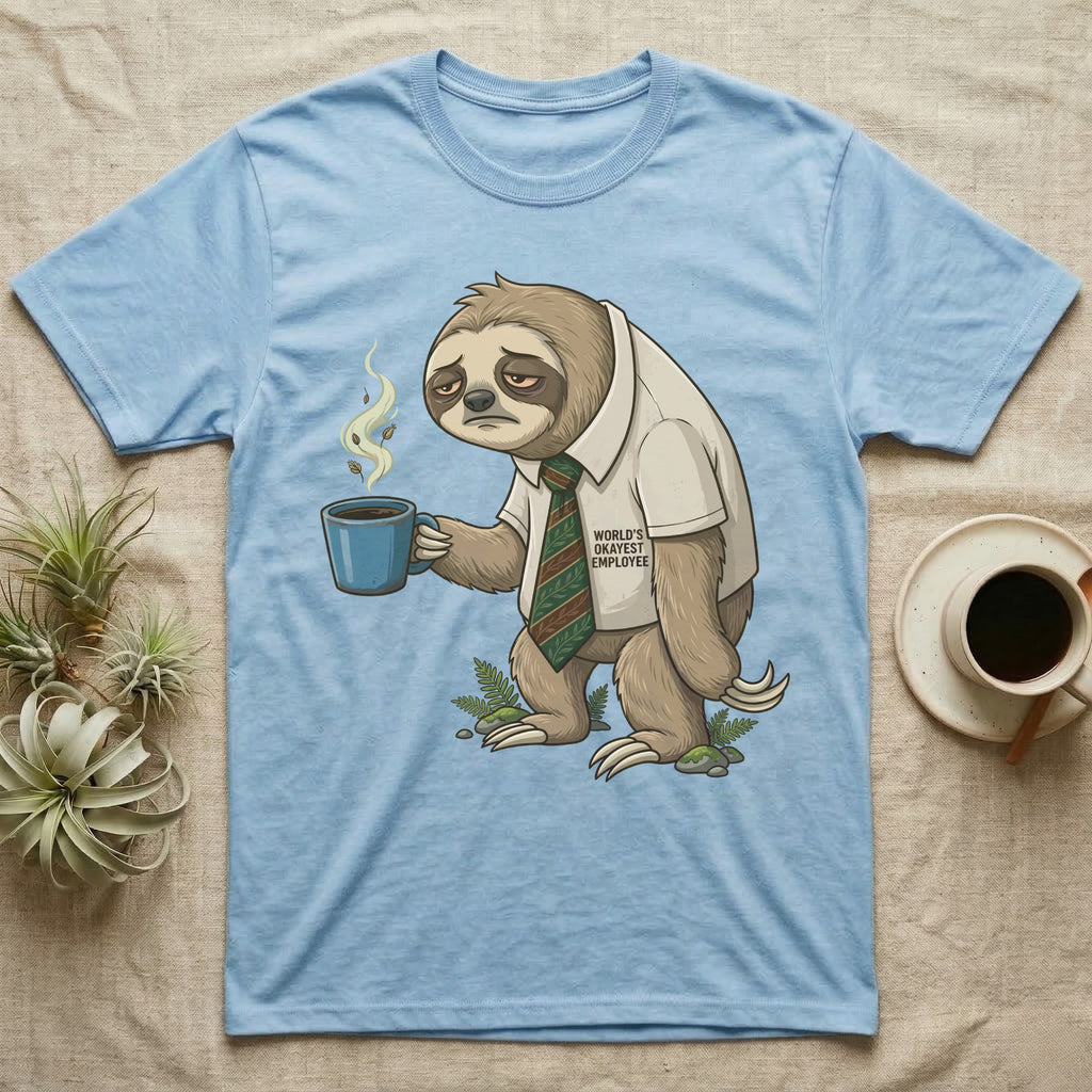 Light blue t-shirt with cartoon sloth in shirt holding coffee cup, text reads "World's Okayest Employee".