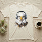 Eagle head with headphones graphic on a cream t-shirt.