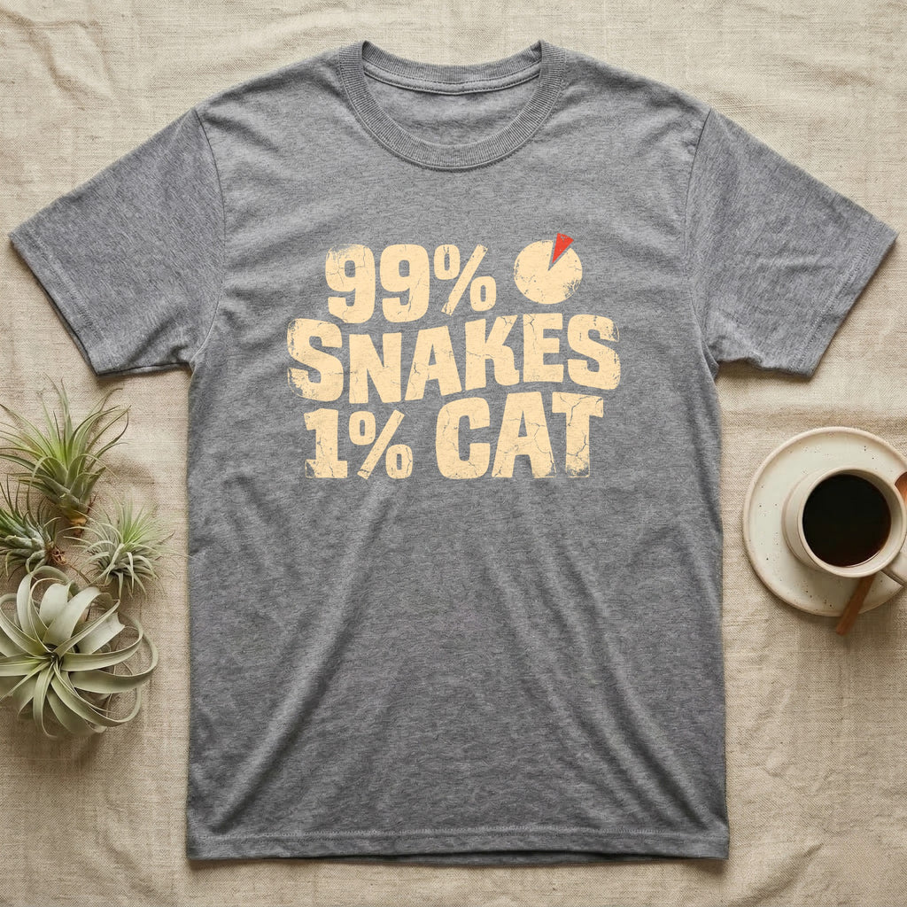99% Snakes Keeper T-Shirt in Sport Grey — Distressed-block wordmark reading 99 percent snakes 1 percent cat with a small pie-chart accent glyph.