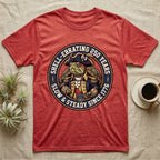 Sea Turtle General T-Shirt in Heather Red — Circular crest of a sea turtle dressed as a Continental general with text Shell-Ebrating 250 Years.