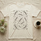 Mourning Gecko Clone Squad T-Shirt in Natural — Scatter-pattern line art of ten identical mourning geckos among terrarium leaf-litter glyphs.