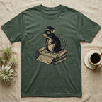 Dark green t-shirt with a rat wearing a hat sitting on books.