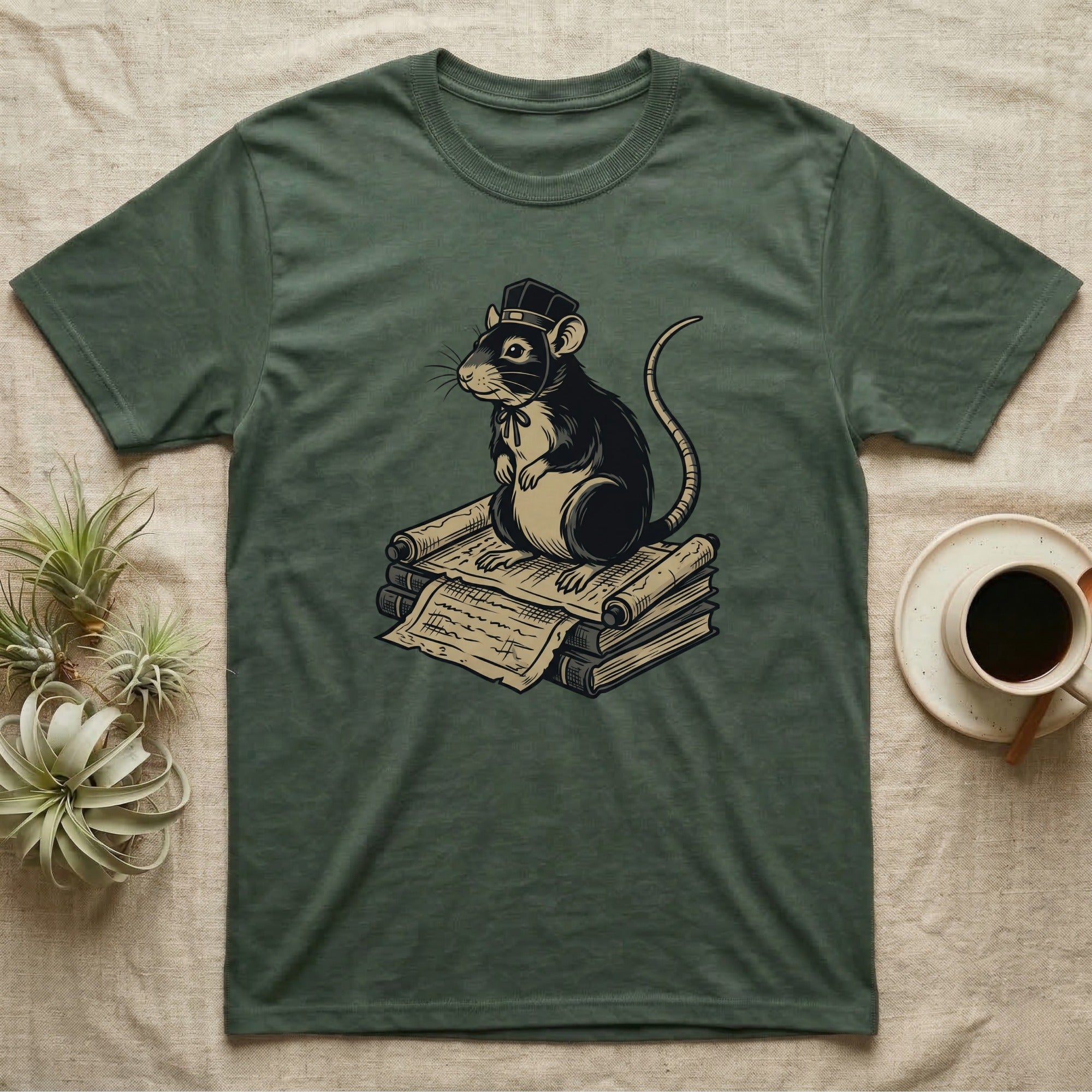 Dark green t-shirt with a rat wearing a hat sitting on books.
