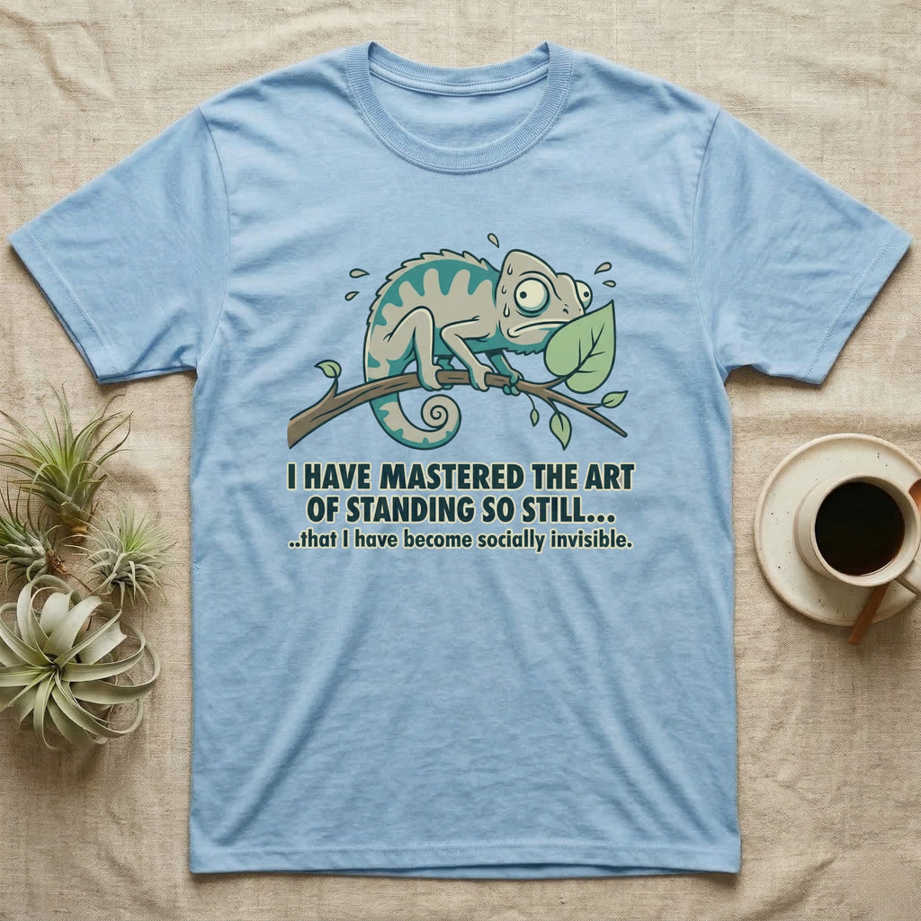 Light blue t-shirt with a chameleon on a branch and humorous text.