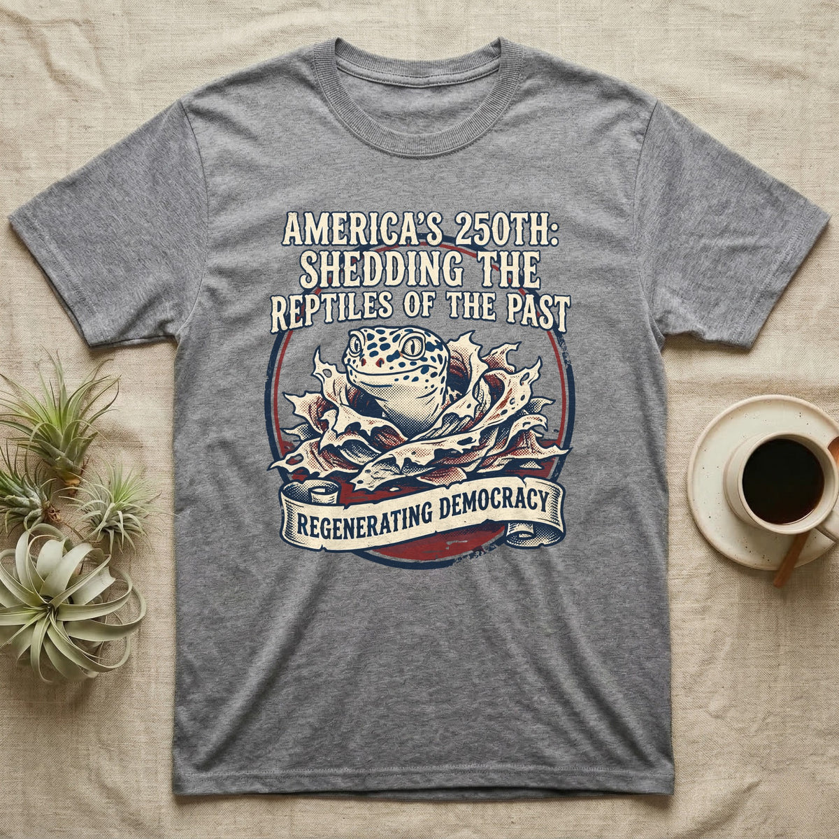 Leopard Gecko Shedding Tee in Sport Grey — Vintage badge of a leopard gecko emerging from its shed skin, navy and red emblem reading Shedding The Reptiles Of The Past, on black.