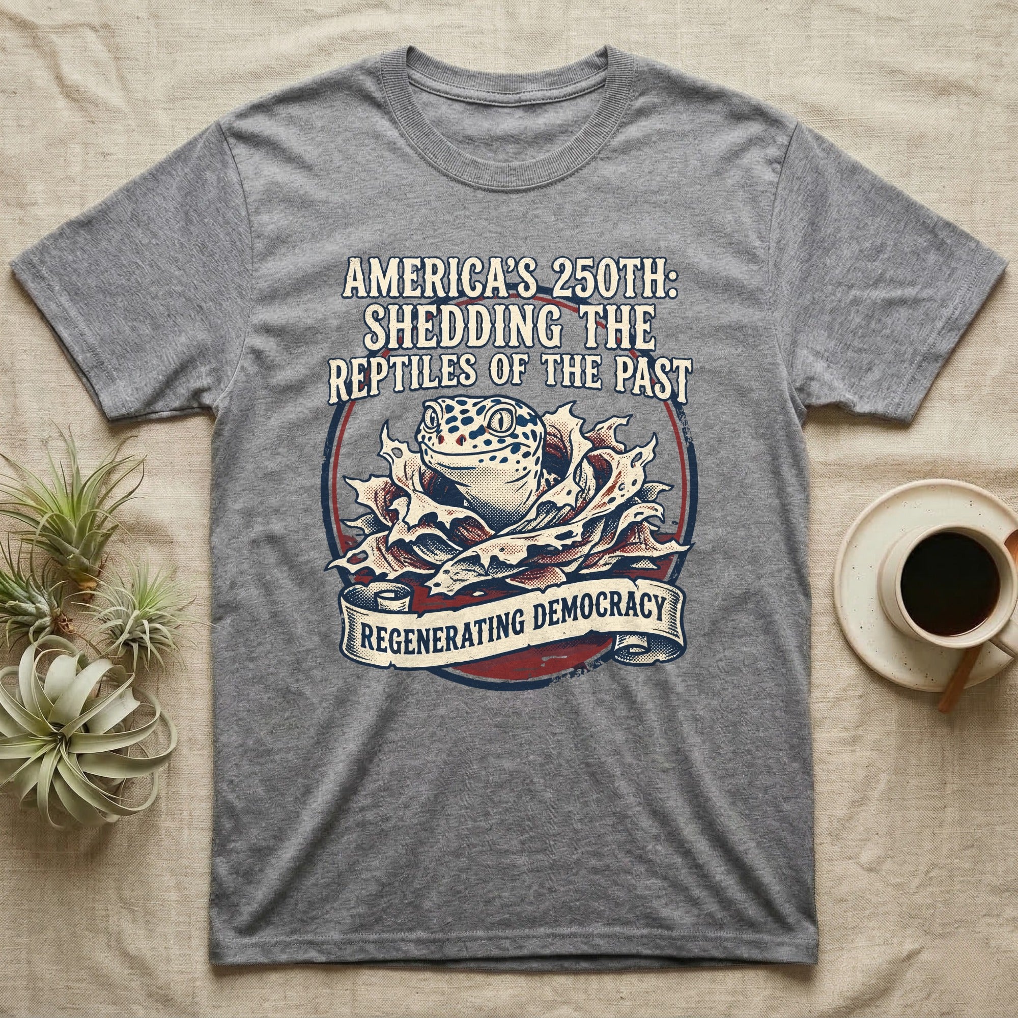 Leopard Gecko Shedding Tee in Sport Grey — Vintage badge of a leopard gecko emerging from its shed skin, navy and red emblem reading Shedding The Reptiles Of The Past, on black.