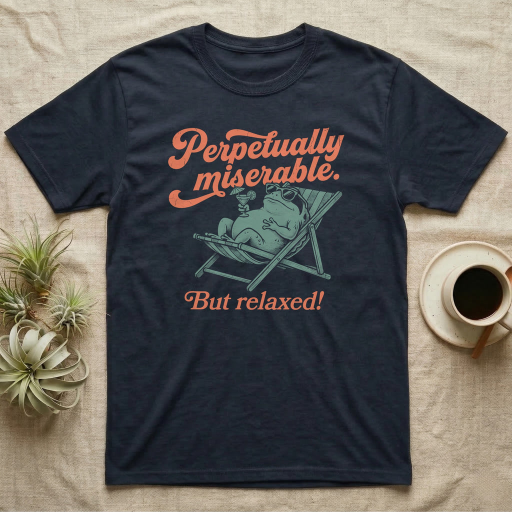 Desert Rain Frog Grump Mode T-Shirt in Navy — Illustrated desert rain frog lounging in a beach chair with sunglasses and a cocktail, coral script reading Perpetually Miserable But Relaxed.