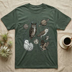 Green t-shirt with astronauts and planets featuring owls in space.