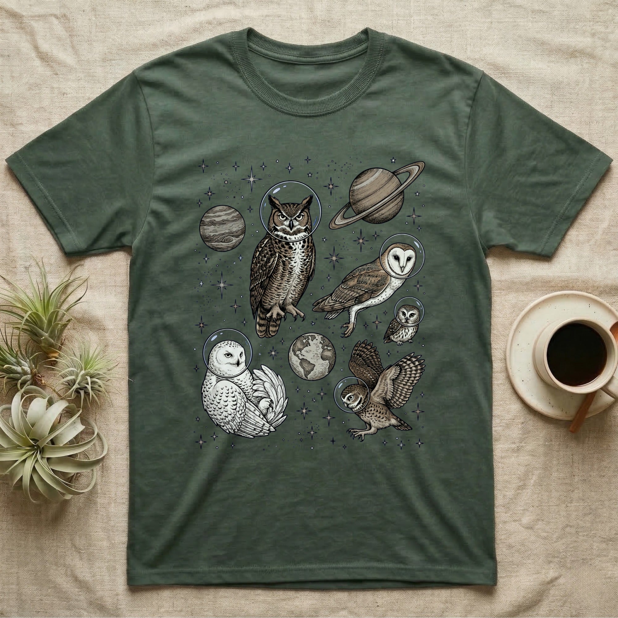 Green t-shirt with astronauts and planets featuring owls in space.