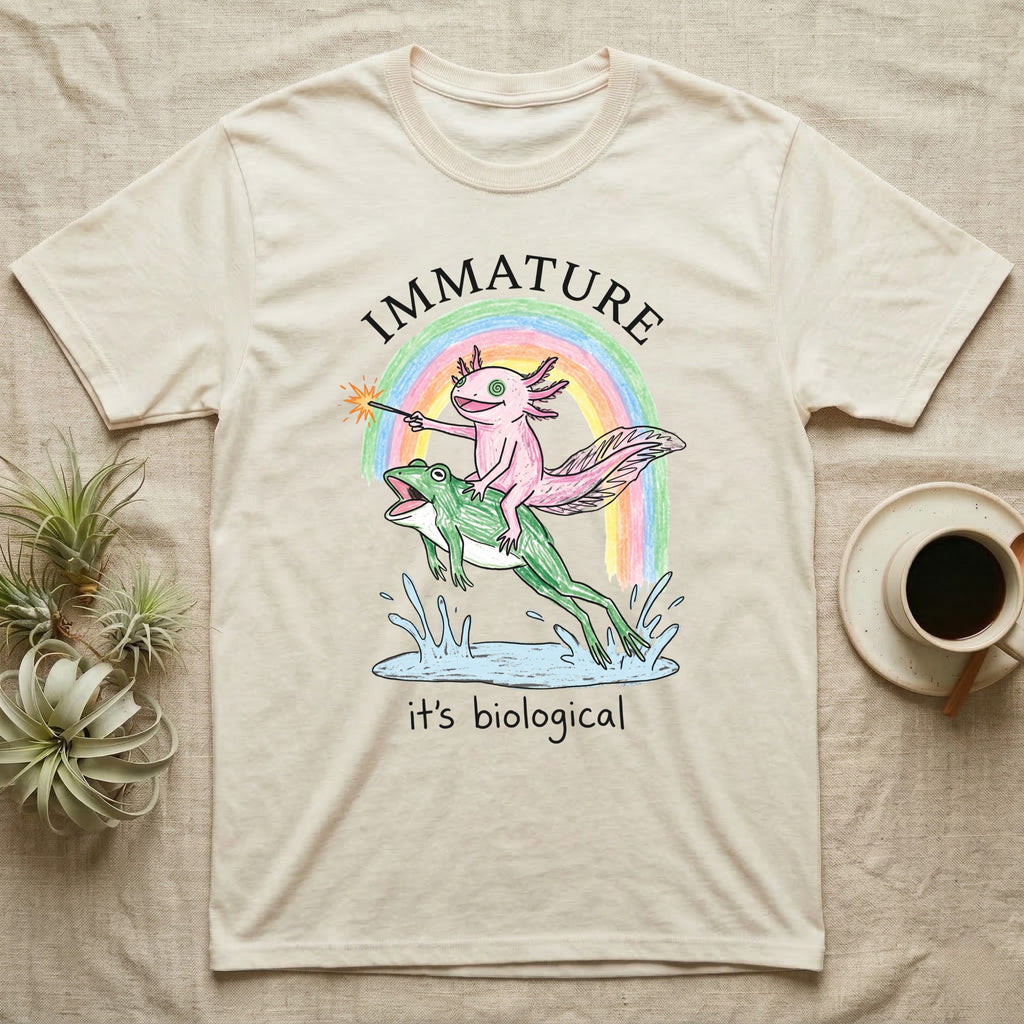 Axolotl Immature T-Shirt in Natural — Crayon drawing of a pink axolotl riding a leaping green frog through a rainbow, sparkler lit, under IMMATURE