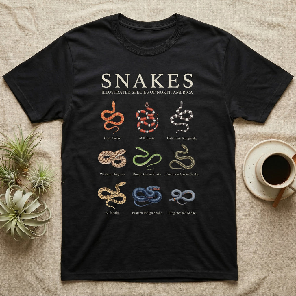 Snake Species Chart T-Shirt in Black — Watercolour chart of nine named North American snakes under a cream serif Snakes title on charcoal grey