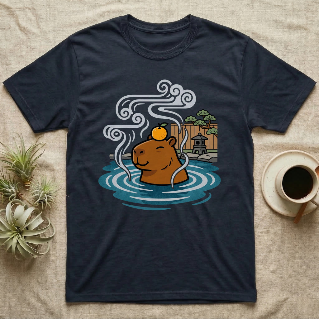 Capybara relaxing in hot springs with orange on head, steam, and trees.